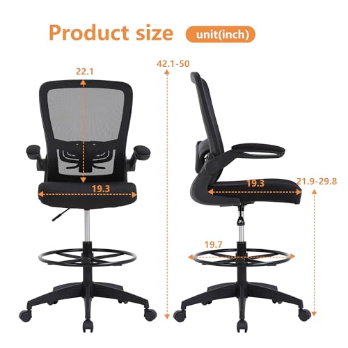 Image of BestOffice Drafting Chair Tall Office Chair Adjustable Height with Lumbar Support Flip Up Arms Footrest Mid Back Task Mesh Desk Chair Computer Chair Drafting Stool for Standing Desk