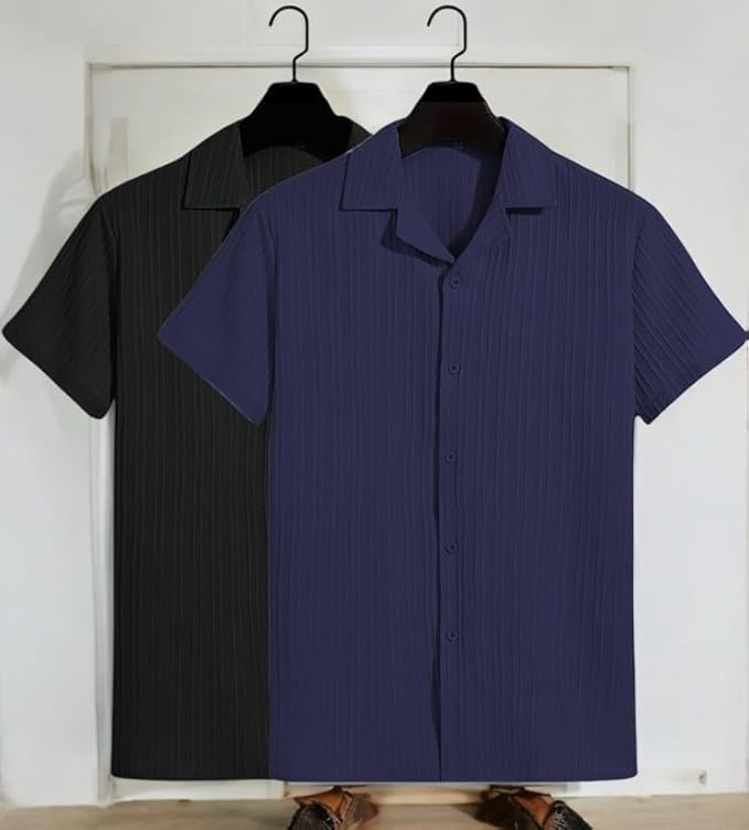 Image of Men's Textured Short Sleeve Button Down Shirt, Collared Pack of 2