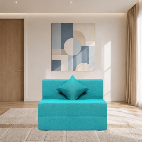 Image of Seventh Heaven Rejioce 1 Seater 6 * 3 Jute Fabric Washable Cover Sofa Cum Bed with 1 Cushion 1 Seater Double Foam Fold Out Sofa Cum Bed (Finish Color - Blue Delivery Condition - Pre-Assembled)