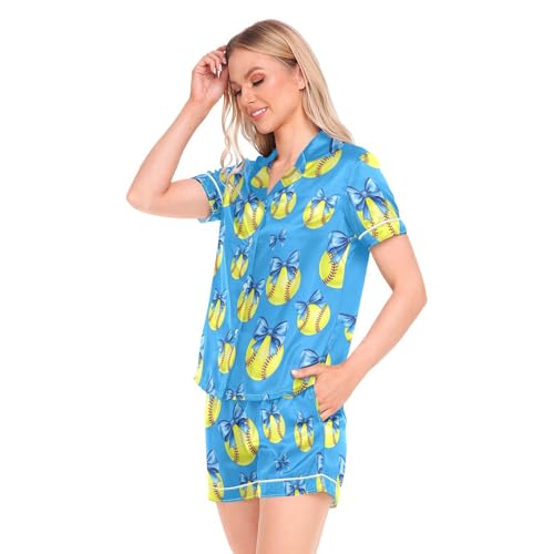 Image of Womens Silk Satin Pajamas Set Western Theme Womens Short Sleeve Shorts Set 2 Piece Sleepwear Lounge Set S-XXL