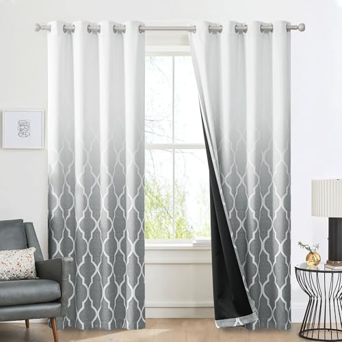 Blackout Ombre Curtains for Living Room Bedroom, 84 Inches, 2 Panels - Grey/White Geo Pattern, Thermal Insulated