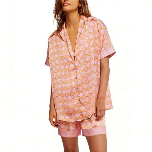 Image of Women Silk Pajamas Floral Satin 2 Piece Pajama Sets | Button Down Short Sleeve Shirt and Elastic High Waist Shorts, Vintage 2Pcs Pj Sets, Two Piece Lounge Set, Elegant Sleepwear