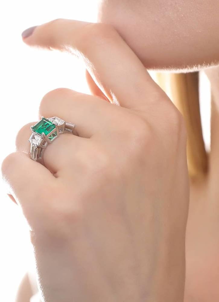 BERRICLE Sterling Silver 3-Stone Wedding Engagement Rings 2.1 Carat Simulated Emerald Emerald Cut Cubic Zirconia CZ Cocktail Anniversary Ring for Women, Rhodium Plated