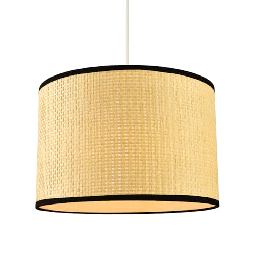 Chic Thin Strapped Rattan Drum Lamp Shade with Black Cotton Fabric Trims | 30cm x 20cm | White PS Board Lining by Happy Homewares - Image 3