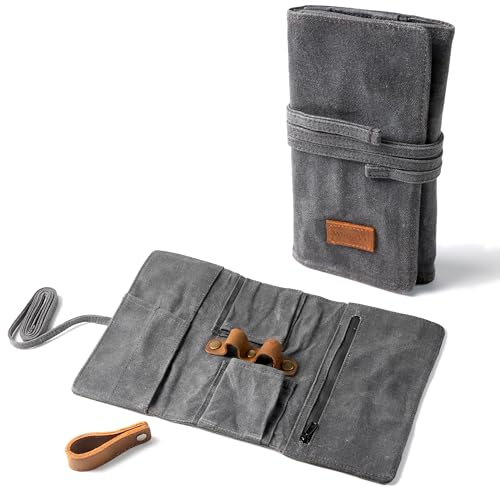 Whitlucks Waxed Canvas Tobacco Smoking Pipe Pouch with Leather Pipe Stand Travel Pipe Case Bag for 2 Pipes and Other Accessories (Charcoal Grey)