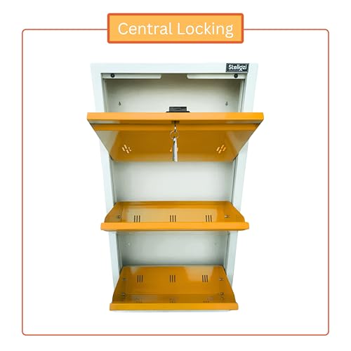 Image of 20 Inch Wall Mounted Metal Shoe Rack With Doors, Slim Space Saving Shoe Storage with Central Lock for Modern Home (Glossy Amber, 3 Door)