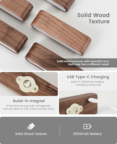 Image of Wood LED Wall Sconce Magnetic 360Rotate Wall Mounted Lamp Brightness Adjustable Night Lights Rechargeable Battery Powered Reading Light for Bedside Hallway Living Room (1 Pack Black Walnut)