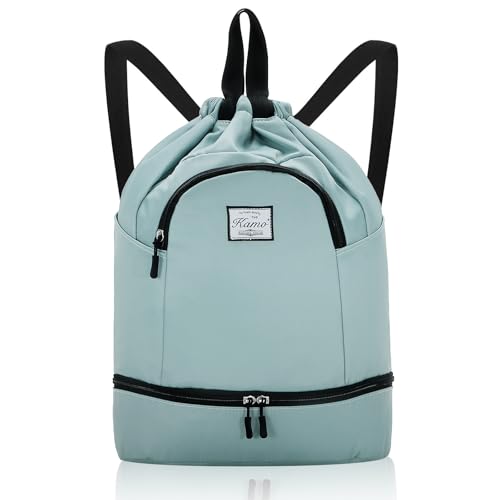 Image of Kamo Drawstring Backpack Bag - Sport Swimming Yoga Backpack with Shoe Compartment, Two Water Bottle Holder for Men Women Large String Backpack Athletic Sackpack for Travel