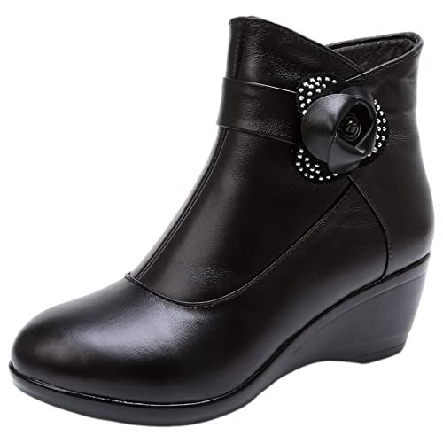 rismart Damen Stiefel Schwarz Leder Knöchelhoch Kurz Keil...