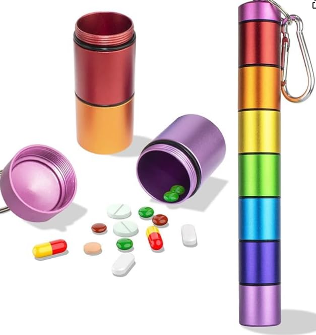YUWJOOWEE Boîte à pilules en métal pour 7 jours, 7 compartiments, arc-en-ciel, boîte à pilules étanche, porte-clés pour les déplacements, l'extérieur,...