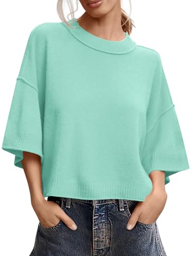 Image of Saodimallsu Womens Short Sleeve Sweater Summer Oversized Cropped Sweaters Casual Crewneck Lightweight Knit Tops