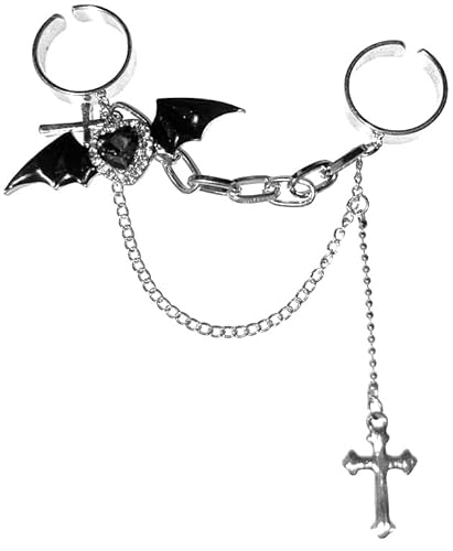 [P-Rize] リング レディース 地雷系 指輪 ジャラジャラ チェーン 連結リング & キラキラビジュー小悪魔デビルハートチャーム & クロス 十字架チャーム V系 パンク ゴシック