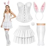 Maiteenly 5 Pcs Easter Bunny Costume for Adult Rabbit Dress up Corset Tops Skirt Tail Ears High Socks Outfits for Women (White,Sweet)