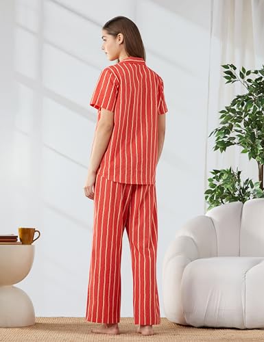 Image of Amazon Brand - Myx Women Cotton Shirt and Relaxed Pajama Set | Night Suit Set (Available in Plus Sizes)