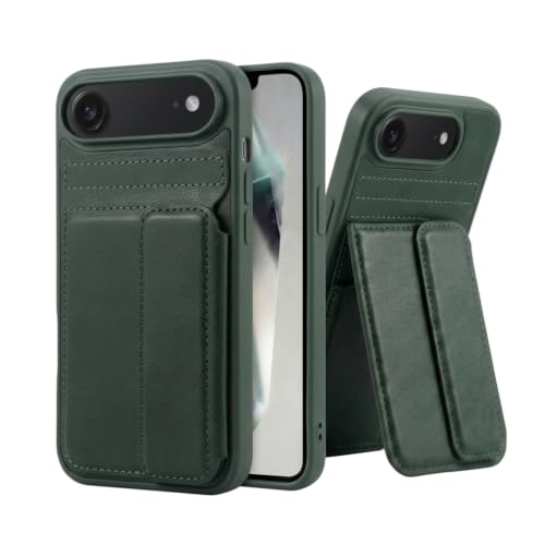Image of amazon basics Luxury Vegan Leather Back Cover for iPhone 17 Air | Built-in Card Holder Slot | Integrated Mobile Stand | Slim Shockproof Protective Case with Stitched Finish - Green