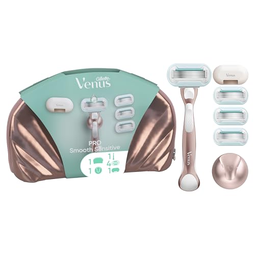 Gillette Venus Rasoir Femme Pro Smooth Sensitive pour Peaux Sensibles, Coffret De Rasage avec 4 Recharges De Lames, Trousse De Toilette Et Support De Douche,...