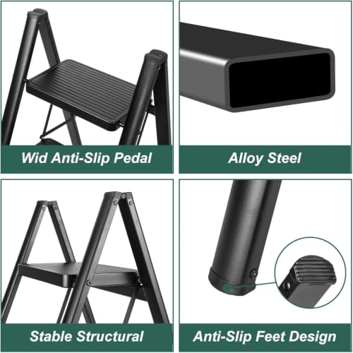 Image of Compact 2 Step Folding Ladder with Non-Slip Steps | Lightweight & Durable Steel Step Stool | Foldable Space Saving Design | Home Kitchen Office Ladder | Black Finish