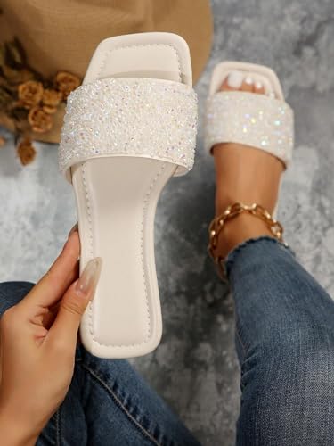 Image of GORGLITTER Women's Sparkly Jeweled Flat Sandals Dressy Open Toe Glitter Shiny Slippers Slip-on Shoes