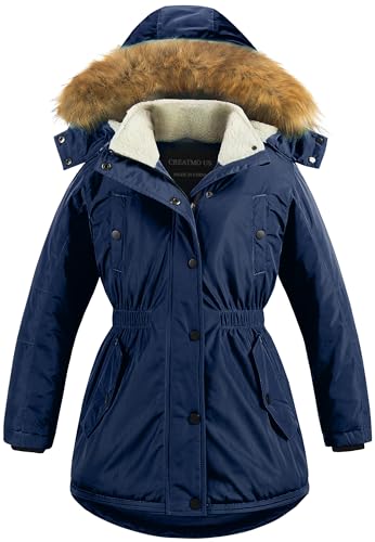 Image of CREATMO US Girl's Long Winter Warm Parka Sherpa Trimmed Collar Puffer Ski Jacket Coat