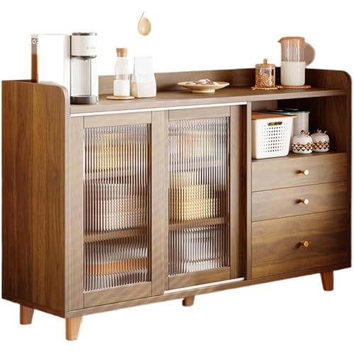 Smedicヴィンテージ風の無垢材収納キャビネット（ガラス扉・引き出し