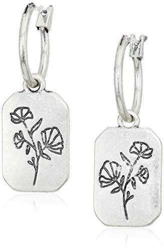 Lucky Brand Silver-Tone Flower Rectangle Charm Hoop Earrings