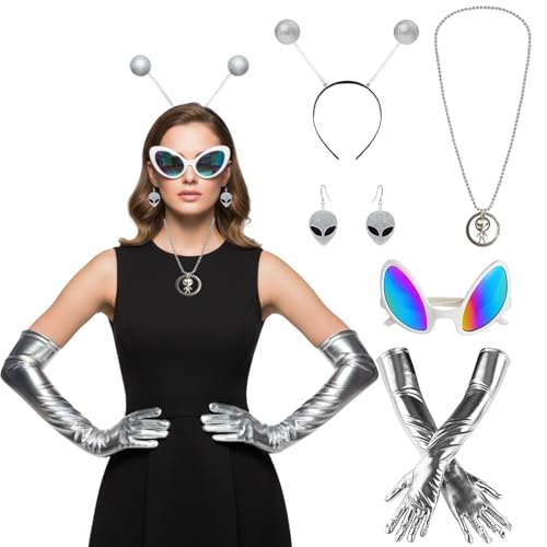 YceLon 5 Stück Alien Kostüm Damen, Space Kostüm Damen, Alien Kostüm Set mit Kopfhörer, Handschuhen, Halskette, Ohrringen und Brille, Karneval Kostüm für Partys und Veranstaltungen