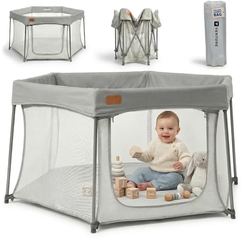 Venture All Stars Joy Award-Winning Foldable Baby Playpen – Large, Portable Play Pen for Babies & Toddlers, Breathable Mesh & Fitted Mat, Easy to Set Up, Includes Travel Bag - Silver (6-36 Months)