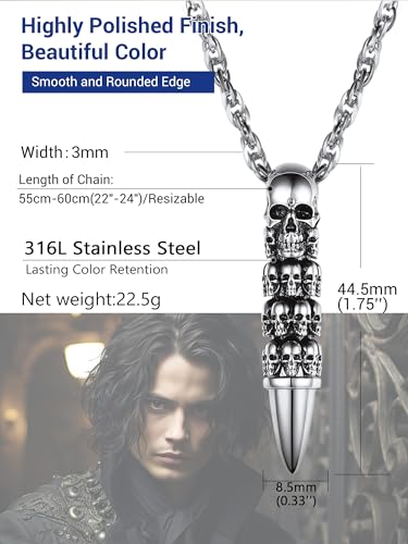 Skull Necklace for Men, Stainless Steel Skeleton Pendant Necklaces, Retro Hip Hop Punk Style, Gothic Halloween Jewelry, Come with Box3