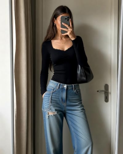 Image of SUUKSESS Women Sweetheart V Neck Long Sleeve Tops Lace Trim Ribbed Modal Fall Going Out Shirts
