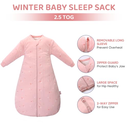 Image of Baby Sleep Sack, TOG 2.5 Winter Wearable Blanket, Removable Long Sleeves Baby Sleeping Bag for Infants and Toddlers, Super Soft Warm Comfortable Sleeping Sack, Pink Heart, 6-18M