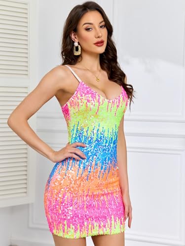 Image of Women's Glitter Sequin Dress Adjustable Spaghetti Strap Fashion Sparkle Party Dresses