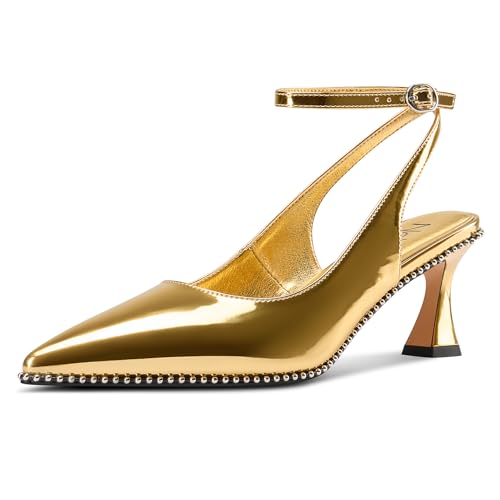Image of NobleOnly Womens Slingback Heels Beaded Pumps Ankle Strap Pointed Toe Kitten Heels Dress Shoes 2.6 Inches