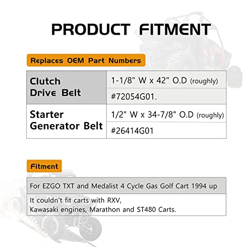 Tuntrol Starter Generator & Drive Belt fit for EZGO TXT Cushman Express Marathon Medalist ST Vehicles Terrain 1994-2013 with 295/350cc Robin Engines, 72054G01 26414G01