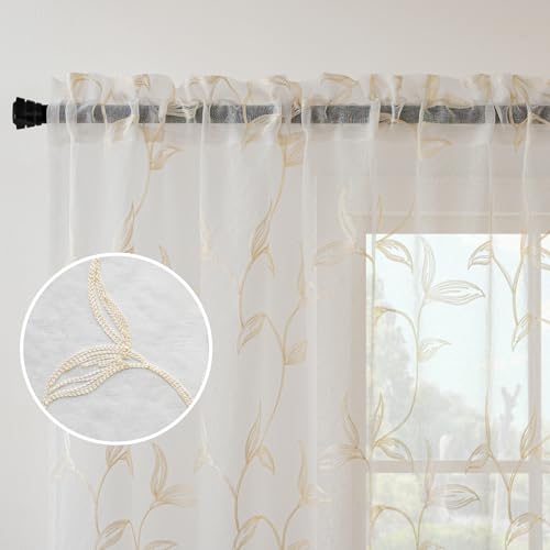VISIONTEX 2 Panels Sheer Curtains 108 Inches Long, Cream Beige Floral Leaf Embroidered Semi Sheer Voile Curtains, Rod Pocket Light Filtering Window Drapes for Bedroom Living Room 54W x 108L by VISIONTEX - Image 3
