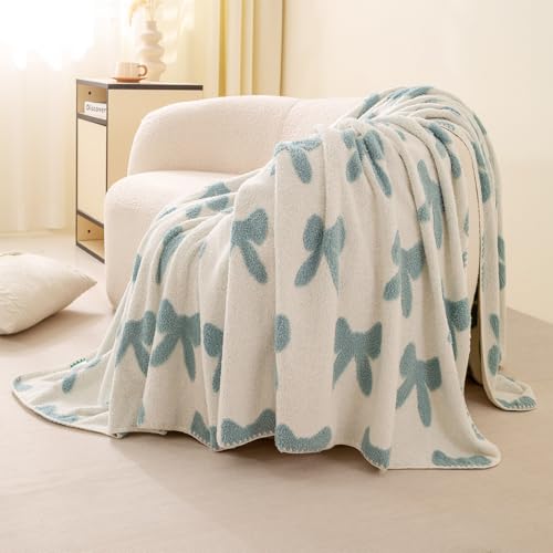 TrellisJoy Bow Pattern Fleece Throw Blanket Cozy Warm Plush Blanket for Women All Season Soft Blanket for Bed Couch Sofa Machine Washable Blue 50 x 60