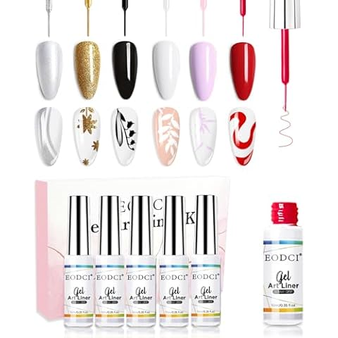 eodci Nail Art Liner Set 6 Pcs Black White Red Gold Silver Glitters Colors Paint Swirl Built Thin Brush in Bottle Soak off Led Lamp Gel Liner Nail Polish Manicure Kits Cover