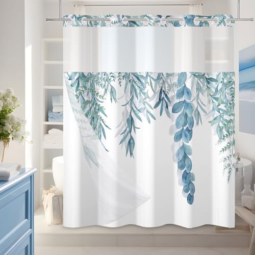 AWERT No Hook Shower Curtain with Snap in Liner Sage Green Plants...
