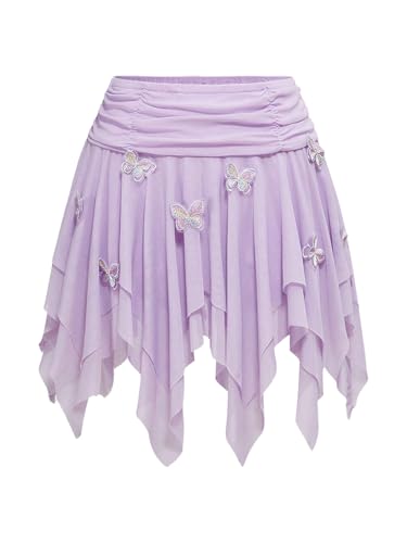 Verdusa Women's 3D Butterfly Ruffle Skirt Ruched Sheer Mesh Asymmetrical Y2K Mini Skirts