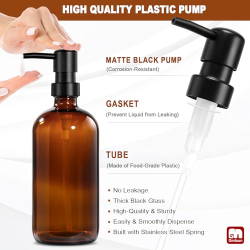 GMISUN Dish Soap Dispenser, 16 Oz Kitchen Soap Dispenser Set with Ceramic Tray & Bamboo Brush, 2 Pack Thick Amber Glass Soap Dispenser, Farmhouse Refillable Hand and Dish Liquid Soap Pump Bottle Set by gmisun - Used condition - Image 7
