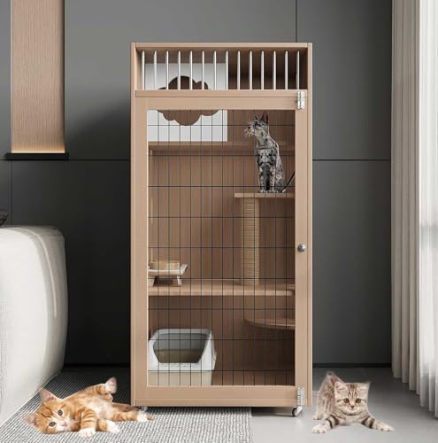 大型 おしゃれ キャットハウス キャットげーじ大型 【l60×w60×h120cm AWdfcxm 猫 ケージ3段】木製のキャットケージ半密閉型換気設計、脱走防止 組み立て簡単多頭 ペット換気と放熱猫の大きな車輪付き移動便利1〜3匹の猫冬用 夏用 通用 私