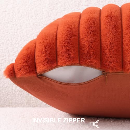 Image of Pallene Faux Fur Plush Fall Throw Pillow Covers 12x20 Set of 2, Luxury Soft Fluffy Striped Decorative Pillow Covers for Sofa, Couch, Living Room, Rust