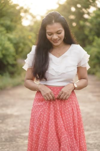 Image of Women's Lycra Top with Georgette Skirt | Polka Dot Print Long Flared Maxi | Full Length Flowy Skirt for Women | Stylish Casual Wear
