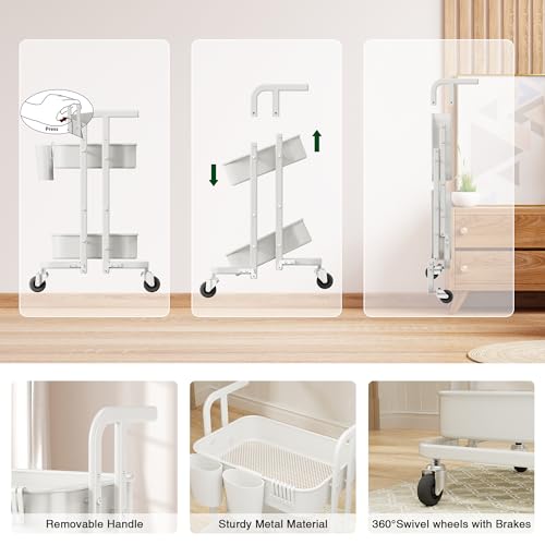 Image of DTK 2 Tier Rolling Cart, Small Metal Utility Cart with Lockable Wheels, Foldable Craft Cart, 2 Shelf Folding Storage Trolley for Living Room, Kitchen, Bathroom, Bedroom and Office, White