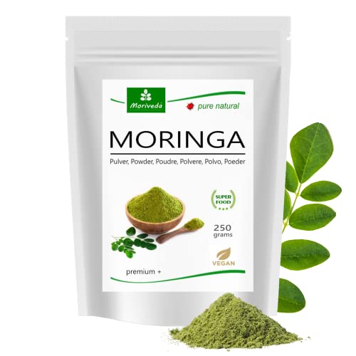 MoriVeda® Moringa Oleifera leaf powder 250g, PREMIUM PLUS I Contiene Moringa, vitamina C en dosis altas, proteínas y aminoácidos en Ayurveda, Vegano y sin gluten I 1 x 250g Cover