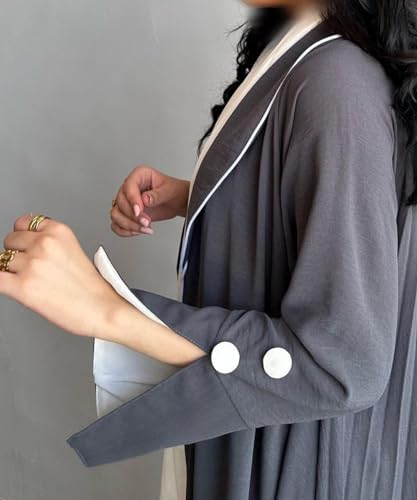 Image of Women's Contrast Trim Open Front Abaya Shawl Collar Split Sleeve Button Decor Cardigan
