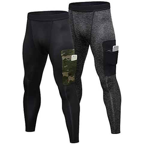 Yuerlian 2 Pack Mens Compression Leggings Sports Workout Tights Cool Dry Running Pants with Pocket Cover