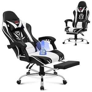 Gaming Stuhl, Computer Stuhl mit Fußstütze und Lendenwirbelstütze, höhenverstellbarer Gaming Chair mit 360°-Drehsitz und Kopfstütze, Video Gamer PC Stuhl, Ergonomische hohe Rückenlehne, Weiß