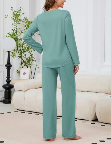 Image of KCW Womens Pajamas Sets 100% Cotton 2 Piece Lounge Set Long Sleeve Tops and Pants Soft Pjs Sleepwear with Pockets