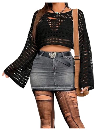 Women's Plus Size Hollow Out Bell Sleeve Crop Sweater Crew Neck Crochet Knit Top