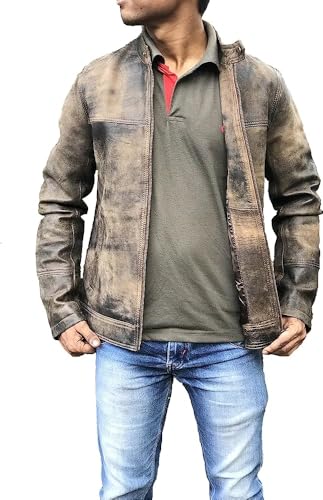 Image of Luis Legends Men's Cafe Racer Triple Stitch Distressed Brown Wax Vintage Leather Jacket
